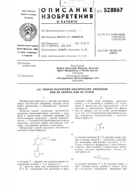 Способ получения циклических амидинов или их эфиров, или их солей (патент 528867)