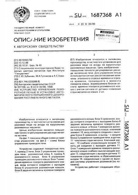 Устройство управления поворотной печью в установке автоматического порционного дозирования расплавленного металла (патент 1687368)