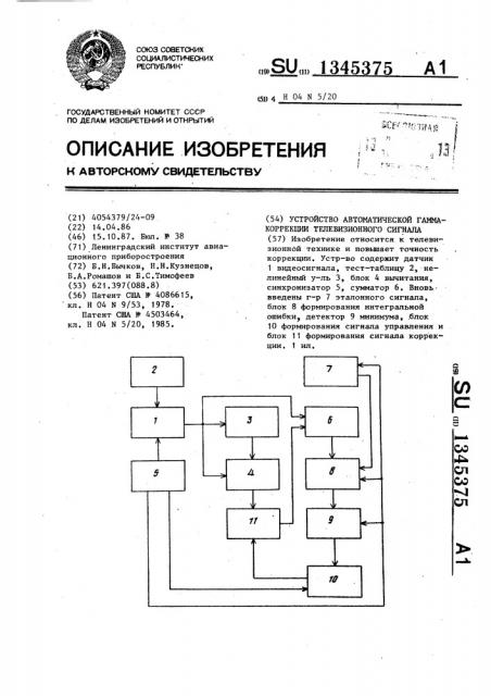 Устройство автоматической гамма-коррекции телевизионного сигнала (патент 1345375)