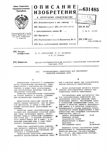 Грунтобетонная композиция для заполнения полостей набивных свай (патент 631485)