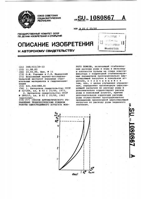 Способ автоматического управления технологическим режимом работы одностадийного агрегата мокрого помола (патент 1080867)