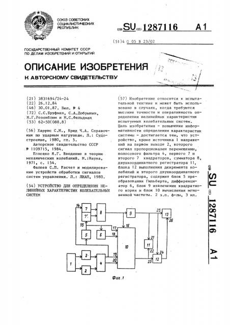 Устройство для определения нелинейных характеристик колебательных систем (патент 1287116)