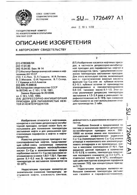 Депрессорно-ингибиторная присадка для парафинистых нефтей и нефтепродуктов (патент 1726497)