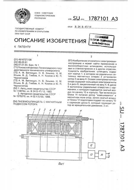 Пневмошпиндель с магнитным подвесом ротора (патент 1787101)