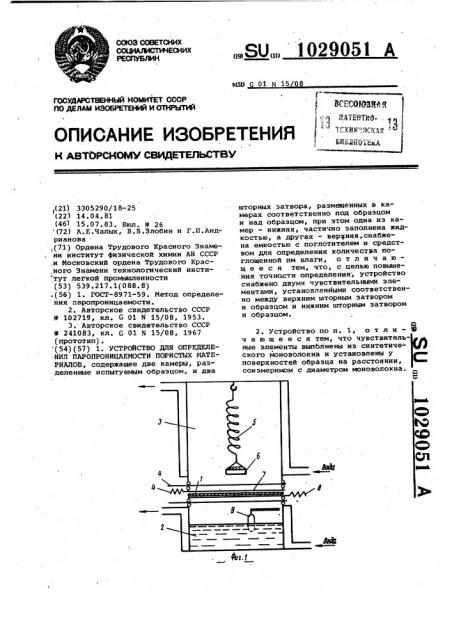 Устройство для определения паропроницаемости пористых материалов (патент 1029051)