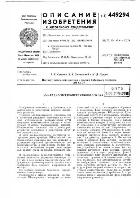 Радиоспектрометр спинового эха (патент 449294)