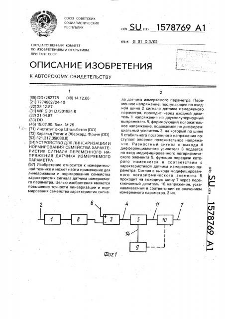 Устройство для линеаризации и нормирования семейства характеристик сигнала переменного напряжения датчика измеряемого параметра (патент 1578769)