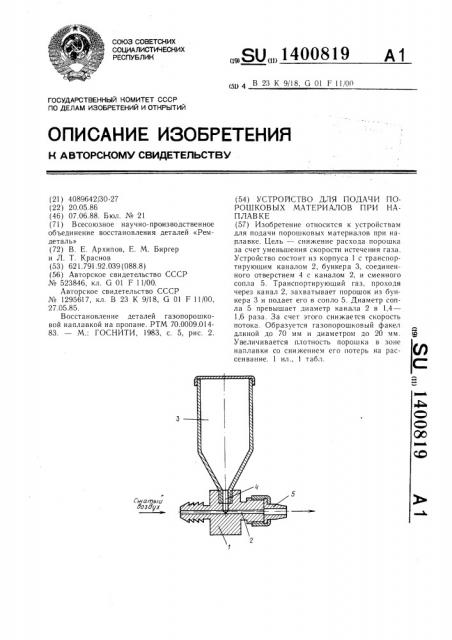 Устройство для подачи порошковых материалов при наплавке (патент 1400819)