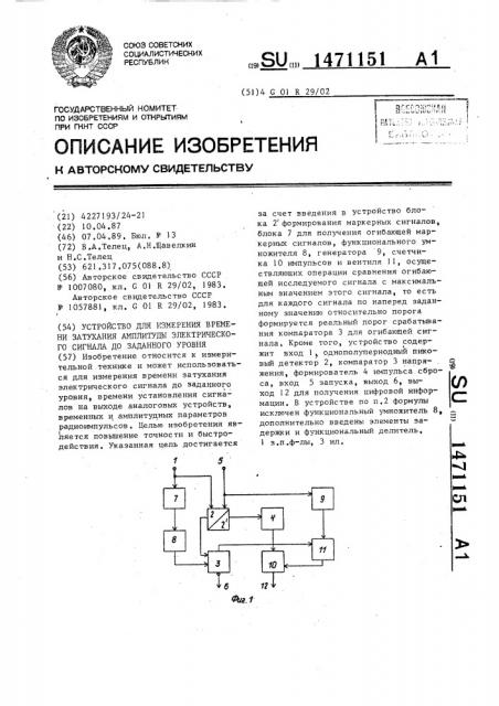 Устройство для измерения времени затухания амплитуды электрического сигнала до заданного уровня (патент 1471151)
