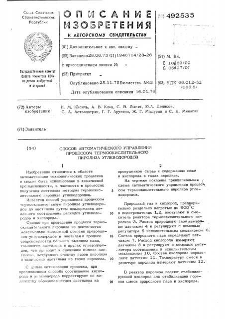 Способ автоматичесеого управления процессом термоокислительного пиролиза углеводородов (патент 492535)