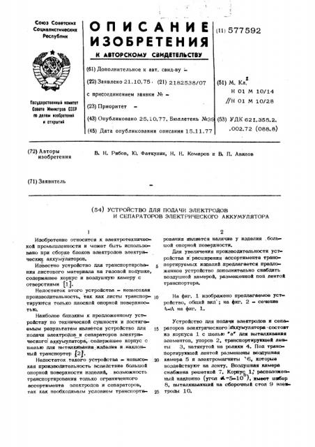 Устройство для подачи электродов и сепараторов электрического аккумулятора (патент 577592)