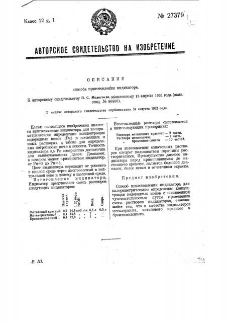 Способ приготовления индикатора (патент 27379)