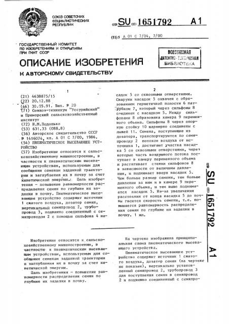 Пневматическое высевающее устройство (патент 1651792)