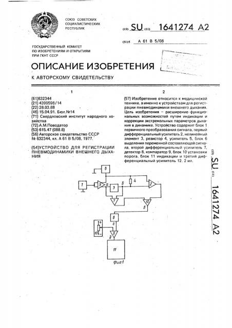 Устройство для регистрации пневмодинамики внешнего дыхания (патент 1641274)