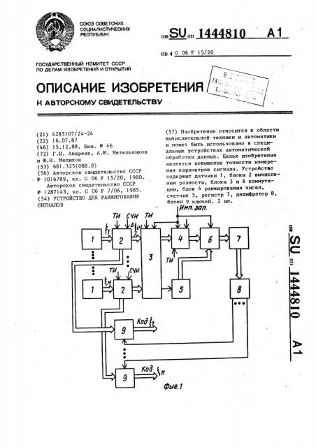 Устройство для ранжирования сигналов (патент 1444810)