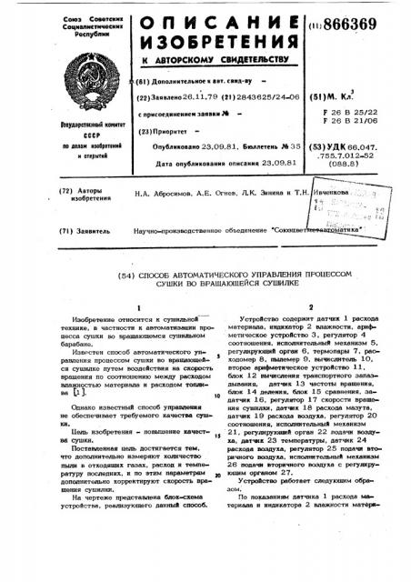 Способ автоматического управления процессом сушки во вращающейся сушилке (патент 866369)