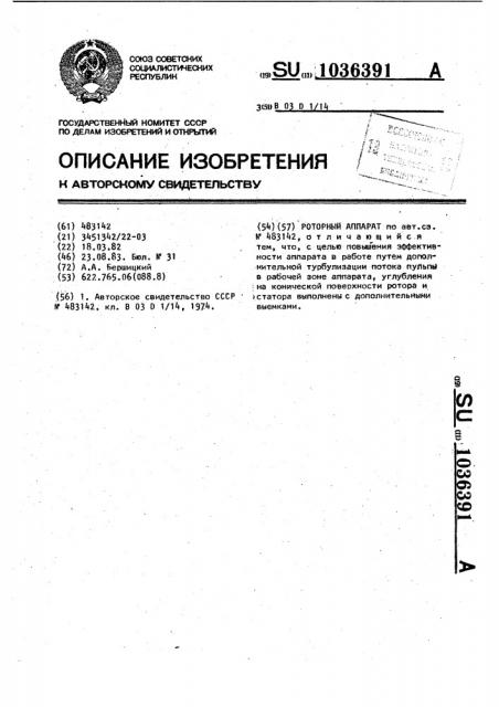 Роторный аппарат (патент 1036391)