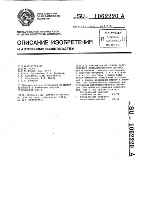 Композиция на основе натурального вулканизованного латекса (патент 1062220)