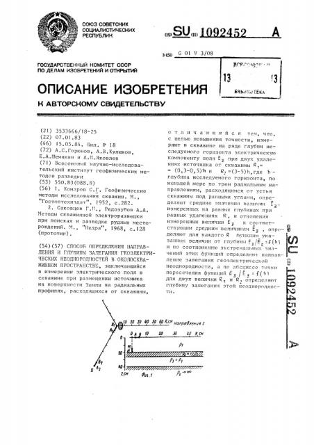 Способ определения направления и глубины залегания геоэлектрических неоднородностей в околоскважинном пространстве (патент 1092452)