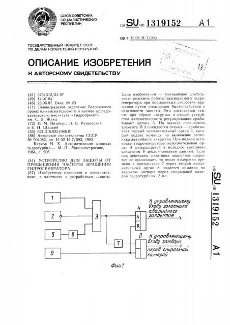 Устройство для защиты от превышения частоты вращения гидрогенератора (патент 1319152)