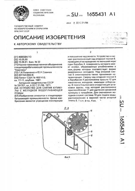 Устройство для снятия кутикулы с желудков водоплавающей птицы (патент 1655431)