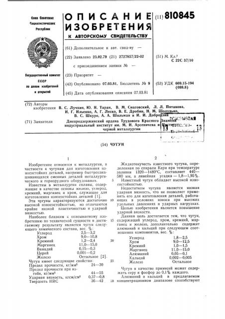 Чугун (патент 810845)
