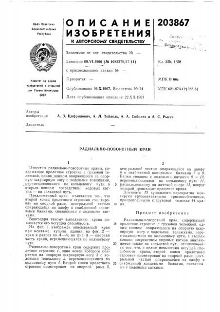 Радиально-поворотный кран (патент 203867)