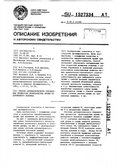 Способ автоматического управления процессом производства пряжи из хлопкового волокна (патент 1527334)