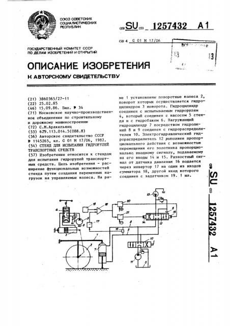 Стенд для испытаний гидрорулей транспортных средств (патент 1257432)