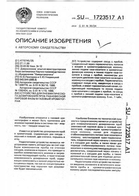 Устройство для пневматического дозирования проб равновесной паровой фазы в газовый хроматограф (патент 1723517)