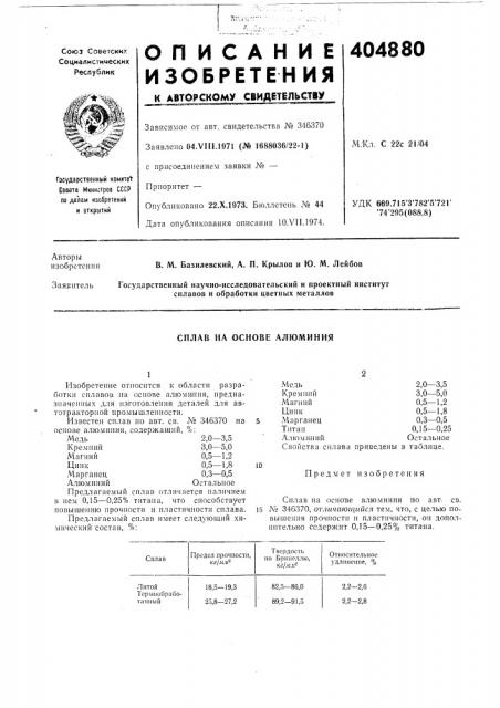 Сплав на основе алюминия (патент 404880)