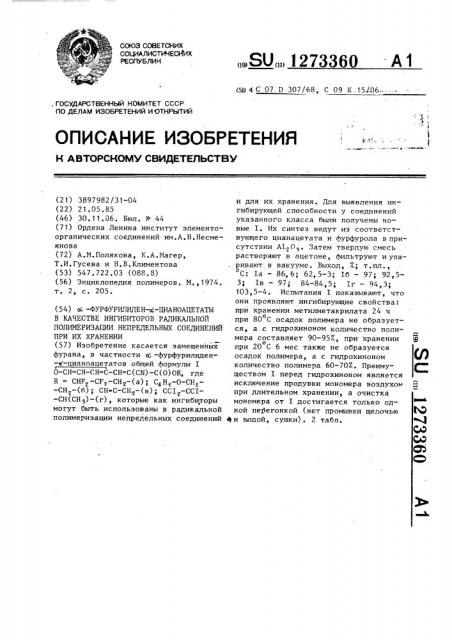 @ -фурфурилиден- @ -цианоацетаты в качестве ингибиторов радикальной полимеризации непредельных соединений при их хранении (патент 1273360)