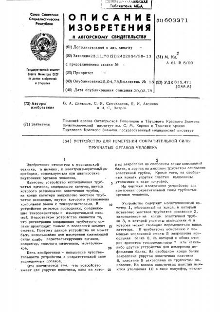 Устройство для измерения сократительной силы трубчатых органов человека (патент 603371)