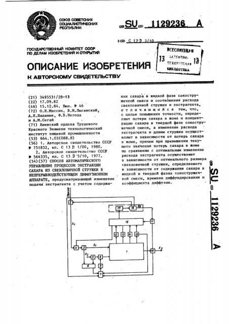 Способ автоматического управления процессом экстракции сахара из свекловичной стружки в непрерывнодействующем диффузионном аппарате (патент 1129236)