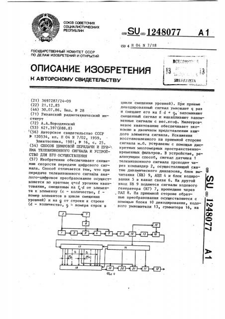 Способ цифровой передачи и приема телевизионного сигнала и устройство для его осуществления (патент 1248077)