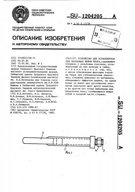 Устройство для остеосинтеза при переломах шейки бедра (патент 1204205)