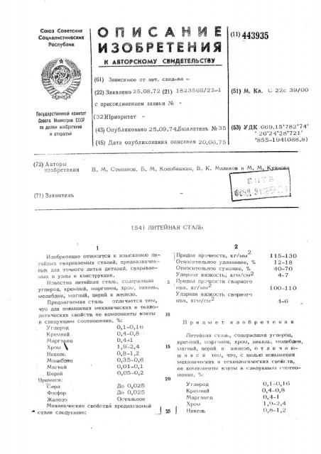 Литейная сталь (патент 443935)