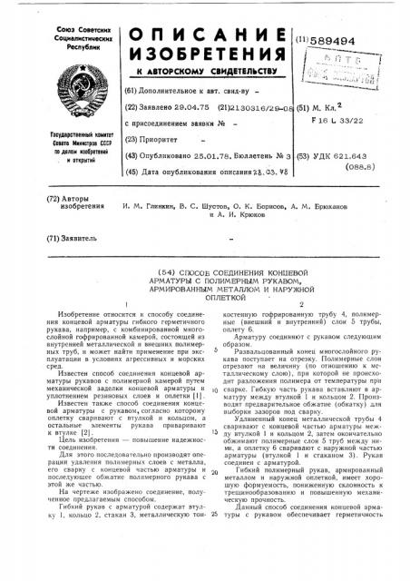 Способ соединения концевой арматуры с полимерным рукаовм, армированным металлом и наружной оплеткой (патент 589494)