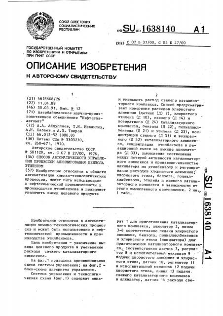 Способ автомаческого управления процессом алкилирования бензола этиленом (патент 1638140)