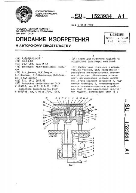 Стенд для испытания изделий на воздействие затухающих колебаний (патент 1523934)