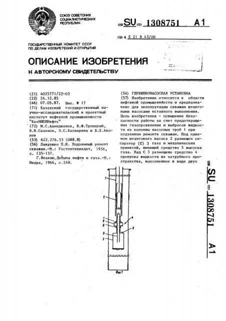 Глубиннонасосная установка (патент 1308751)