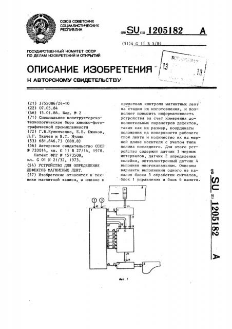 Устройство для определения дефектов магнитных лент (патент 1205182)