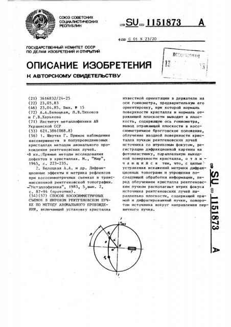 Способ кососимметричных съемок в широком рентгеновском пучке по методу аномального прохождения (патент 1151873)