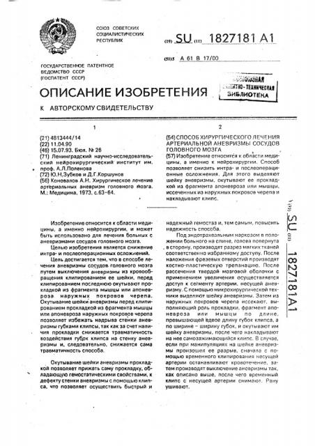 Способ хирургического лечения артериальной аневризмы сосудов головного мозга (патент 1827181)