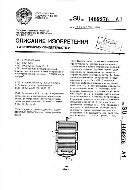 Конденсатор-холодильник газообразных выбросов ректификационных цехов (патент 1469276)