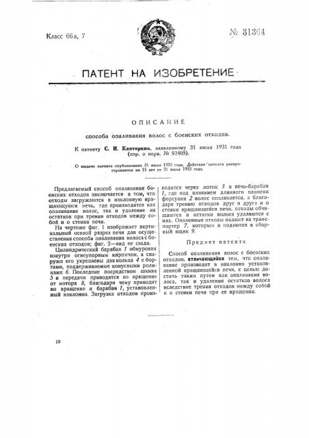 Способ опаливания волос с боенских отходов (патент 31364)