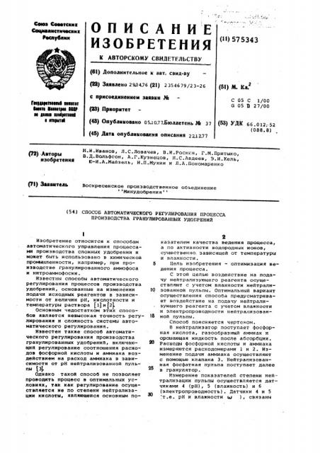 Способ автоматического регулирования процесса производства граннулированных удобрений (патент 575343)