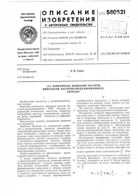 Измеритель девиации частоты импульсов частотно- модулированного сигнала (патент 580521)