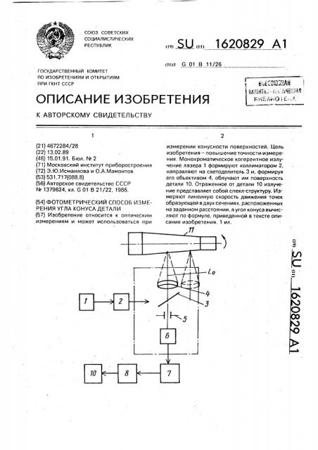 Фотометрический способ измерения угла конуса детали (патент 1620829)