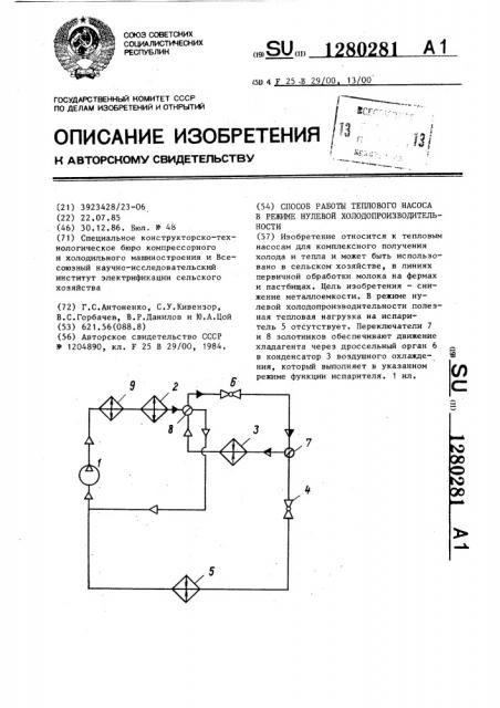 Способ работы теплового насоса в режиме нулевой холодопроизводительности (патент 1280281)